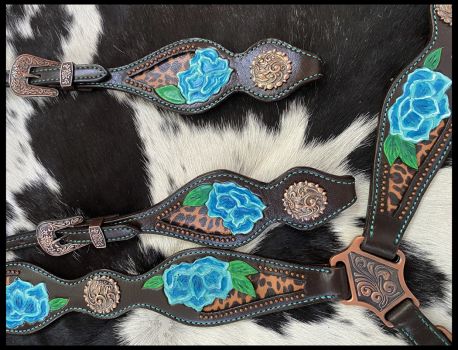 Showman Cheetah print inlay with painted blue flower accent one ear headstall and breast collar set #3